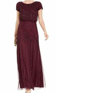 Adrianna Papell Beaded Short-Sleeve Sheer-Overlay Gown